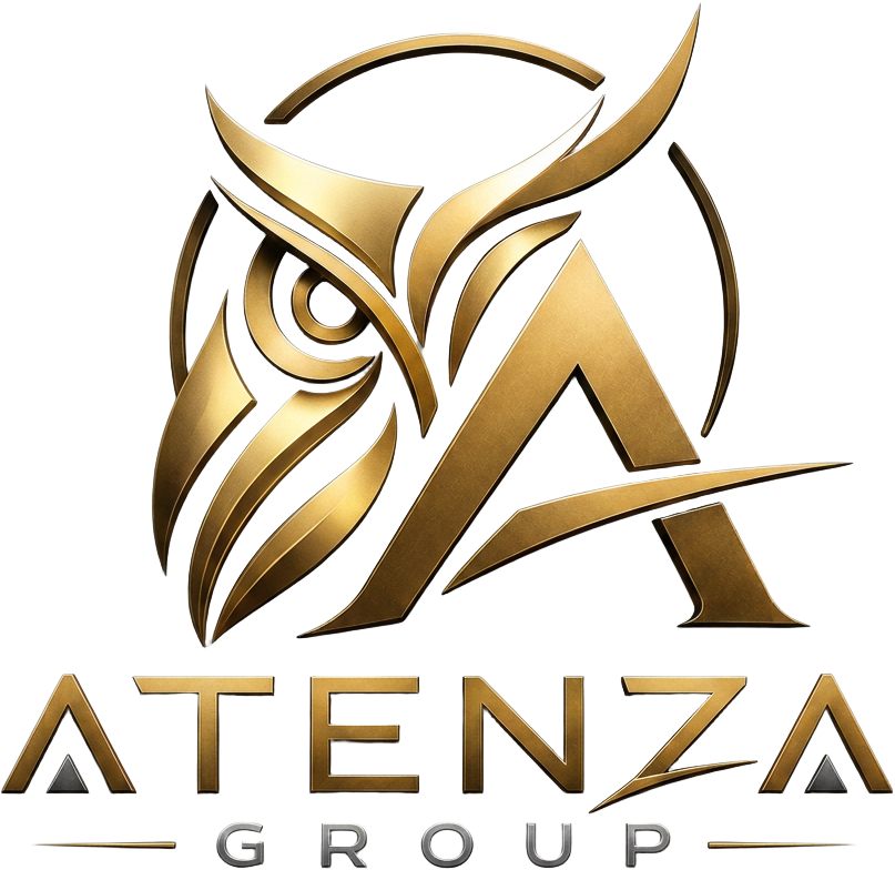 Logo de Atenza Group: búho dorado con la letra A